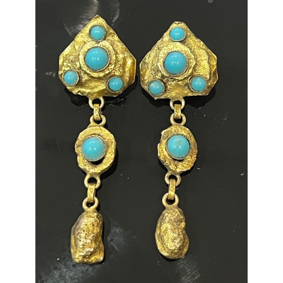 Vintage Mid Century HENRY PERICHONEarrings Faux TurquoiseGilt Bronze Rare